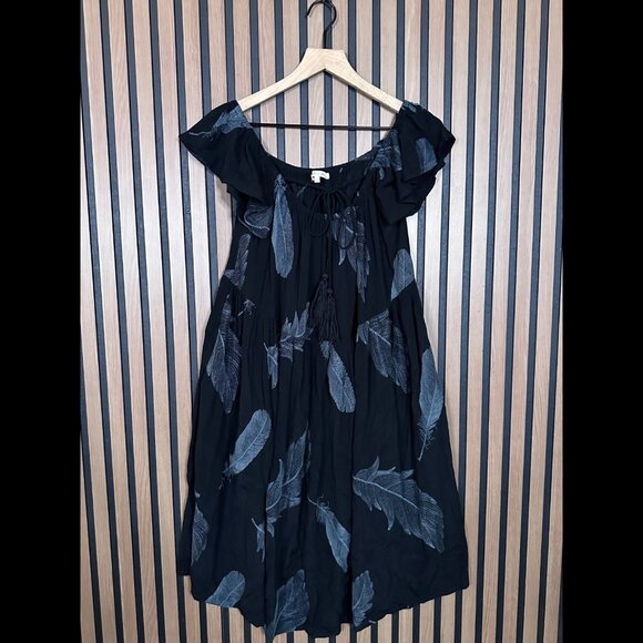 Little White Lies Dress Small Womens Black Blue Off Shoulder Ruffle Midi Printed - Picture 1 of 7